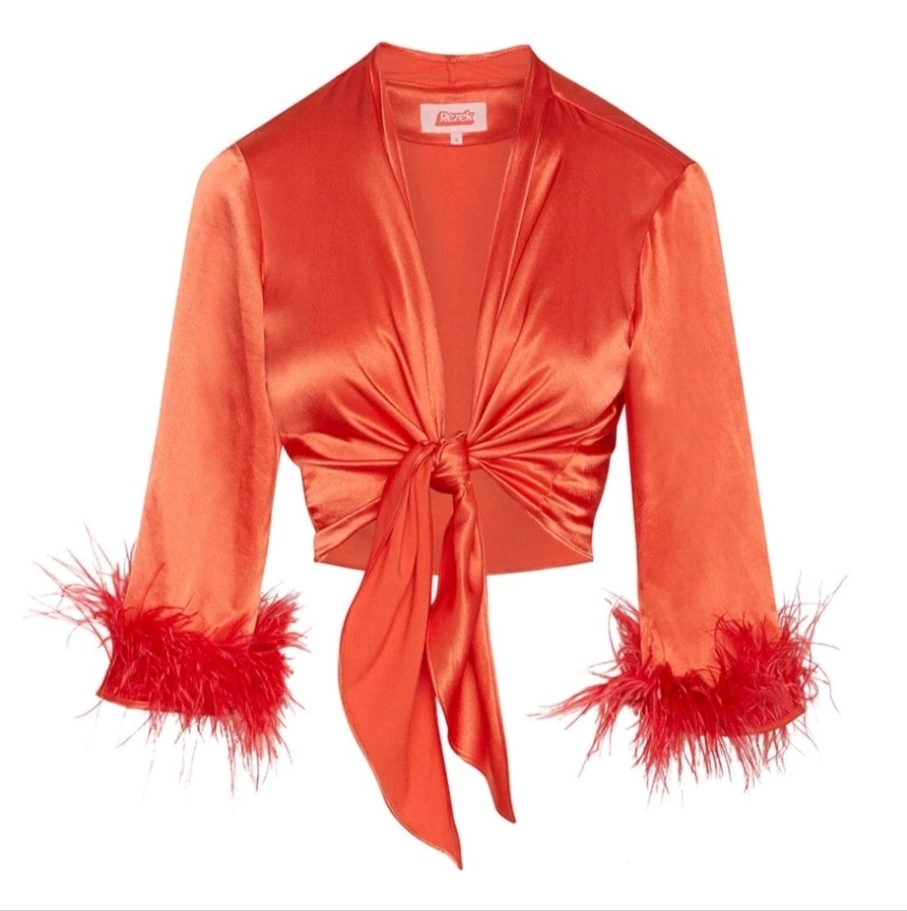 REZEK Foxy Top Orange Satin Tie Front Feather Trim S